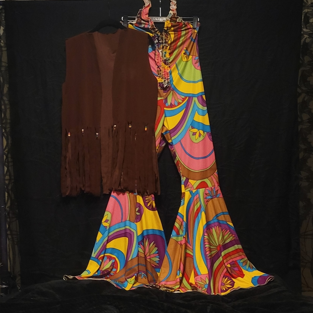 Vtg bright halter bell bottom jumpsuit fringe vest 70's hippie costume size L